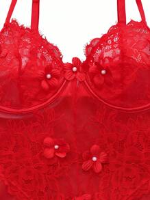 2pcs Set: Lace & Mesh Splicing Romantic Party Slit Front 3D Faux Pearl Flower Underwire Dress + Thong Bridallingerie - Red - View 8
