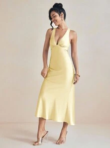 Amiko 浅黄色斜纹缎面吊带裙，搭配系带婚礼优雅连衣裙夏季度假 - 黃色 - 查看 7