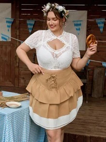 SHEIN Frenchy 大码女式蕾丝镂空设计短袖修身性感上衣、连衣裙 - 白色 - 查看 5