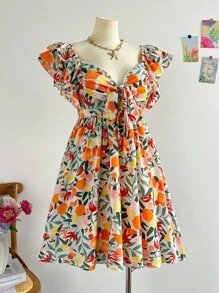 Soleia Colorful Printed Fabric Flutter Sleeve Cap Sleeve Bowknot Front A-Line Dress, Vacation Style, Spring/Summer - Multicolor - View 7