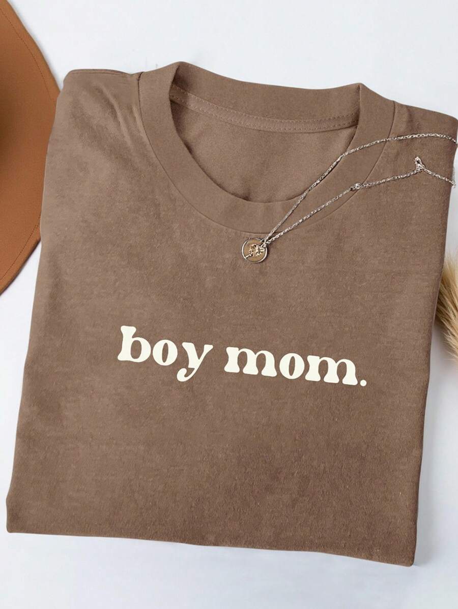 INAWLY Women's Letter Print Loose Round Neck Short Sleeve T-Shirt, Summer - Khaki - View 1