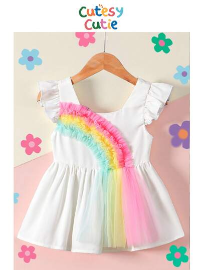 SHEIN Young Girl Round Neck Fly Sleeved Blouse With Colorful Mesh Decorated Front Panel Rainbow Dress For Babyrainbow Dress For Kidsrainbow Dress Kidskids Rainbow Dressgirls Rainbow Dress