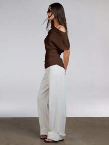 Athîral Women's Solid Color Ruched Batwing Short Sleeve Fashionable Blouse,Off The Shoulder Top - Coffee Brown - View 3