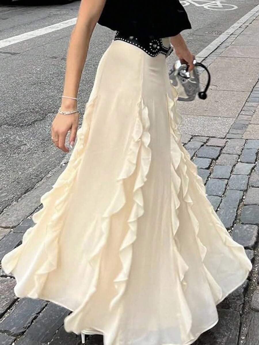 Siren Gaze 秋季女装 - 女士 A 字裙，米色雪纺松紧腰荷叶边下摆，2025 年秋季新款必备单品，非常适合办公室装扮、约会之夜、返校季、演唱会装扮和休闲装，时尚百搭飘逸的秋季女士服装