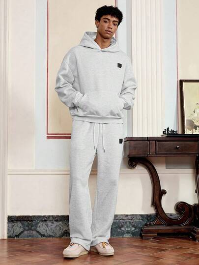 SWAVVY 2 件男士标准尺寸长袖上衣和裤子套装，纯色连帽，浅灰色，春秋季，秋季服装，冬季
