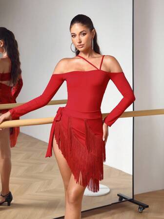 Menodora SHEIN Sport Fashionable Solid Color Sexy Off-Shoulder Fitted Latin Dance Dress For Women