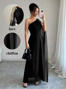 Rafferiza 女士优雅奢华网眼单肩连衣裙，带金色刺绣贴花，A 字形 - 黑色 - 查看 5