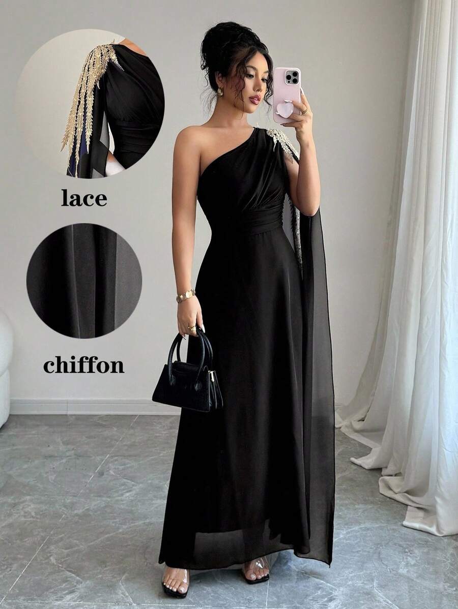 Rafferiza Rochie elegantă de lux pentru femei, cu un umăr, din plasă, cu aplicații brodate aurii, linie A - imagine 5