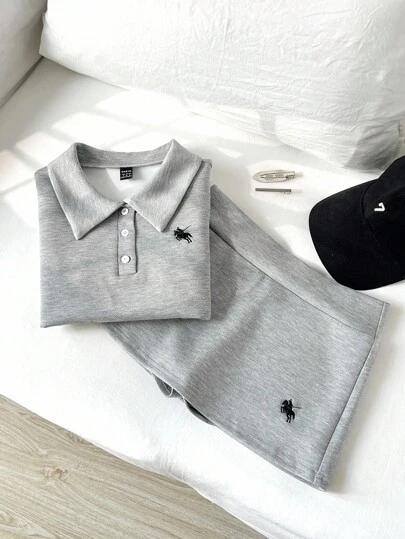 Elamini Women's Casual Minimalist Polo Collar Horse Embroidery Fitted T-Shirt + Mini Low-Waist Skirt Pants Set