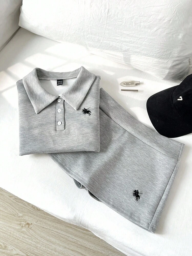 Elamini Women's Casual Minimalist Polo Collar Horse Embroidery Fitted T-Shirt + Mini Low-Waist Skirt Pants Set - Grey - View 1