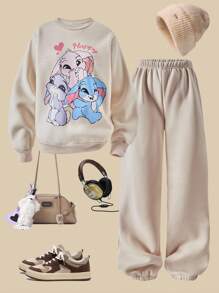 SHEIN 2 件套女童休闲可爱兔子图案连帽衫和裤子套装，秋冬 - 杏色 - 查看 6