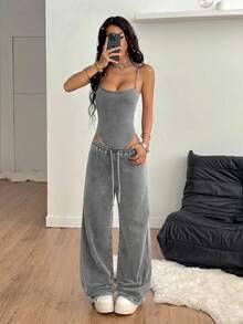 Coolane 女士夏季演唱会服装街头服饰 Y2K 简约休闲脏洗无袖紧身衣和宽松低腰裤两件套服装 - 深灰色 - 查看 6