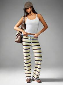 MISSGUIDED Pantalones de punto a rayas retro con cordón en la cintura, pernera ancha, estilo Y2K, pantalones informales de otoño e invierno, pantalones de estar por casa estilo vintage cómodos - Multicolor - Ver 3