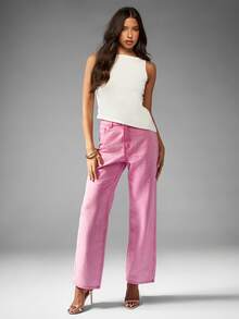 MISSGUIDED 闪亮水晶装饰高腰直筒牛仔裤时尚前卫个性裤装现代派对俱乐部节日场合春夏服装 - 藕粉色 - 查看 3