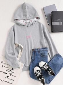 1pc Teen Girl Loose Fit Hooded Sweatshirt With Bow Embroidery Design, Long Sleeve, Pullover Sweatshirt, Autumn - Grey - View 3