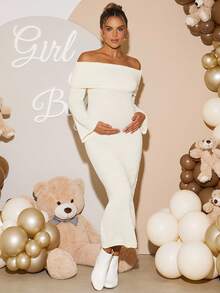 Loomaby Elegant Solid Color Off Shoulder Fitted Maternity Knit Dress,Gender Reveal Dress,Maternity Dress, Baby Shower Dress - Apricot - View 1