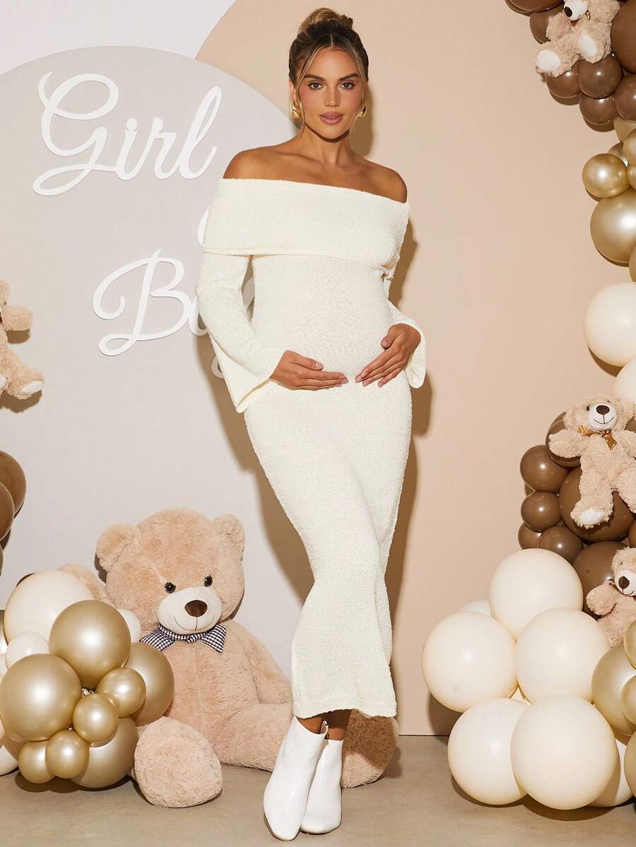 Loomaby Elegant Solid Color Off Shoulder Fitted Maternity Knit Dress,Gender Reveal Dress,Maternity Dress, Baby Shower Dress - Apricot - View 1