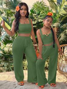 SHEIN Tween Girl 纯色短款吊带背心和阔腿裤两件套 - 橄欖綠 - 查看 8