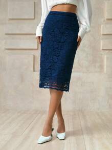 Arave 女士高端优雅法式蕾丝裙，适合通勤，春夏季 - 藏蓝色 - 查看 1