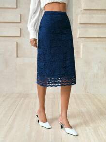 Arave 女士高端优雅法式蕾丝裙，适合通勤，春夏季 - 藏蓝色 - 查看 5