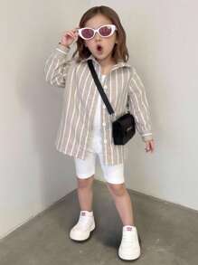 SHEIN Playful Pals 3 件套女婴夏季休闲条纹长袖防晒翻领衬衫外套、柔软黑色吊带背心和紧身短裤套装，适合上学、日常穿着和运动 - 杏色 - 查看 1