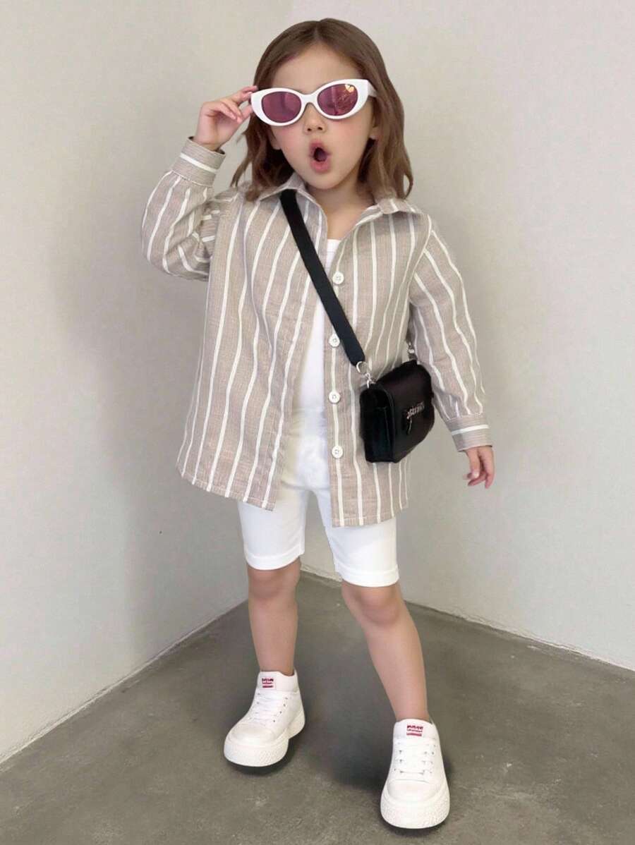 SHEIN Playful Pals 3 件套女婴夏季休闲条纹长袖防晒翻领衬衫外套、柔软黑色吊带背心和紧身短裤套装，适合上学、日常穿着和运动 - 杏色 - 查看 1