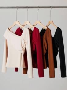 BizChic 女士棕色弹力折叠不对称领 T 恤，适合外出、办公室、商务休闲装，秋季基本款上衣