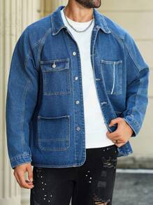 Manfinity Homme 男士加大码蓝色复古水洗绣花领百搭宽松牛仔夹克，适合丈夫和男朋友，秋季