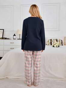 EURMUSE Cotton 2Pcs  Slogan Printed Long Sleeve And Multicolour Detail Sleep Bottom PJ Set - Navy Blue - View 2