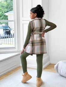 Sparklyn Bộ 3 áo vest kẻ caro thường ngày cho bé gái tuổi teen kèm thắt lưng + quần legging dài tay có gân, trang phục đa năng phù hợp để mặc hàng ngày, đi học mùa thu đông - xanh quân đội - Xem 2