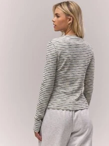 MUSERA Asymmetric Button Down Long Sleeve Stripe Ribbed Crew Neck Top Old Money Cute Core Casual Lounge For Women Spring Summer Holiday Office Work - Multicolor - View 3