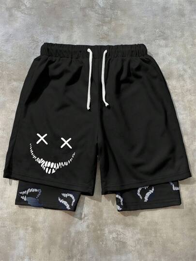 SHEIN 1 pieza Shorts de malla con cordón de cintura en la figura gráfica para adolescentes, ropa de primavera para uso escolar, ropa para adolescentes, chaquetas de adolescentes para volver al colegio en primavera