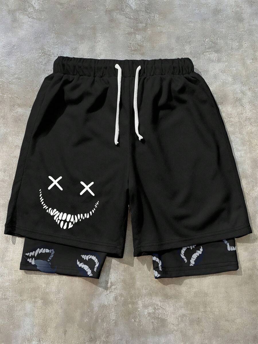 SHEIN Bolty 1 Pc Teenboy's Figure Graphic Drawstring Waist Mesh Shorts, School;Spring Wear; Teen Boys' Clothing; Teen Boy' Jackets, Spring Back To School - Black - View 1