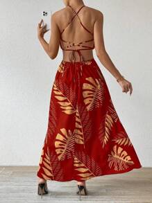 Breezaya 热带树叶印花镂空露背吊带长款沙滩裙度假沙滩装女款 - 紅色 - 查看 2
