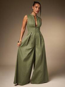Hauture Extreme Wide Leg Zip Front Sleeveless Jumpsuit - Army Green - View 3