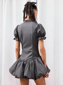 COUREZ 短袖泡泡迷你连衣裙，正面蝴蝶结装饰 / Y2K 迷你连衣裙 可爱秋季女装 秋季外出穿搭 外出礼服 婚礼宾客礼服 约会之夜装扮 女士优雅 - 深灰色 - 查看 3