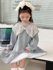 DAZY 女童亮片拼接韩版荷叶边中长连衣裙，秋/春季款 - 淺灰色 - 查看 6