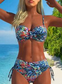 Swim Lushoire Sexy Leopard Print Spaghetti Strap Ruched Bikini Set, Summer Vacation - Multicolor - View 1
