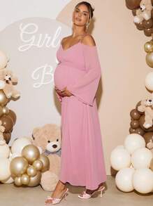 Loomaby 孕妇纯色露肩喇叭袖优雅连衣裙 - 粉色 - 查看 7