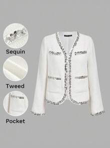 SHEIN MOD Women Elegant Tweed Patchwork Sequin Lightweight Jacket,Autumn,Fall,Back To School,Office Wear,Office Attire,Business Casual,Teacher,Brunch Old Money Style Women,Going Out,Cruise,Birthday,Vintage,All White Party, - White - View 2