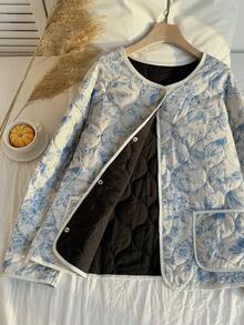SHEIN EZwear 加大码加厚棉服外套，秋冬花卉印花夹克绗缝夹克女士绗缝夹克 - 彩色 - 查看 4