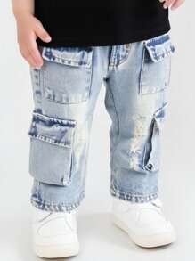 Calças Denim para Bebês Meninos, Denim Casuais Confortáveis com Cintura Elástica Rasgada Lavados em Azul para Bebês e Crianças Pequenas + Design de Múltiplos Bolsos Calça Cargo de Perna Reta, Estilo de Moda de Rua, Adequado para Primavera, Outono e Inverno - Lavagem clara - Visão 3