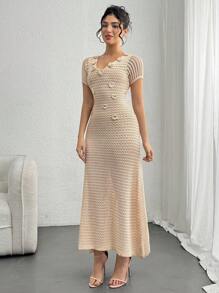 DAZY 3D Floral V-Neck Hollow Out Short Sleeve Dress, Unique Design Women Coverup - Khaki - View 3