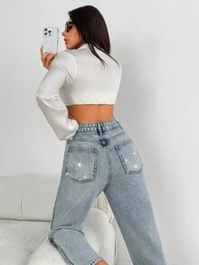 EURMUSE Quần jean Mom Fit cạp cao đính đá sáng màu chi tiết - Rửa nhẹ - Xem 4