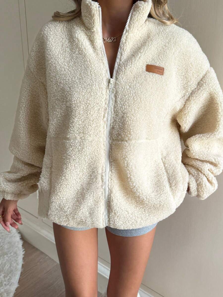 SHEIN Kurtka dla nastolatek, dwustronna, polarowa, w jednolitym kolorze, ze stójką, zapinana na zamek błyskawiczny, z kieszeniami, długimi rękawami, swobodna, odpowiednia na jesień i zimę, na powrót do szkoły, dla czystych dziewcząt, swobodna, sportowa kurtka uniwersytecka