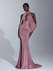 Elitara 优雅、浪漫、性感、简约、浅粉色、针织弹力面料、梭织、文胸罩杯、鱼尾裙摆、拖尾、时尚、网红、节日、度假、生日派对、婚礼活动、正式晚礼服 - 藕粉色 - 查看 8