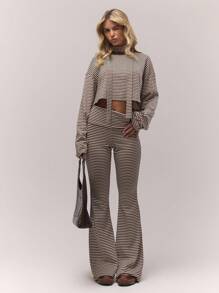 MUSERA 翻折腰带按扣细节喇叭条纹裤，复古乡村风，可爱田园风，返校休闲居家必备，女士奶油糖色休闲裤，夏季运动裤 - 彩色 - 查看 2