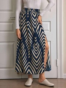 女式松紧腰侧开衩假日休闲半身裙（随机印花）女式长裙 - 彩色 - 查看 3