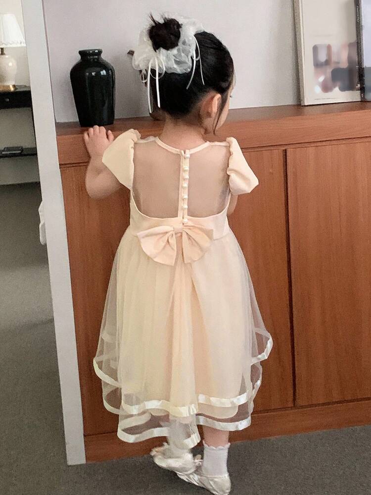 Young Girls Summer Patchwork Korean Style Mesh Banquet Birthday Mid-Length Dress Vacation
