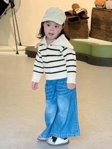 DAZY 女童韩版条纹休闲长袖毛衣，春秋季 - 黑與白 - 查看 3